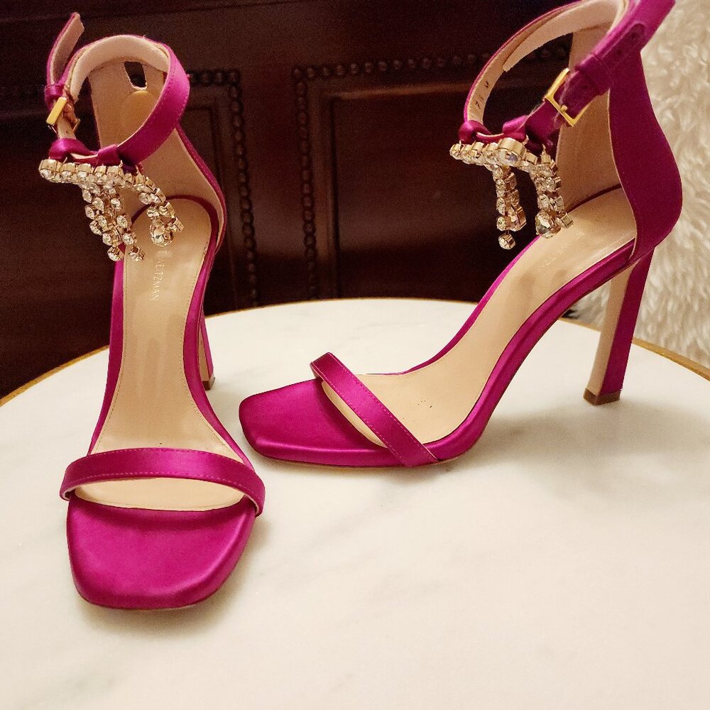 Stuart Weitzman Grape Silk Satin Heeled Sandals with Swarovski Crystal Detail